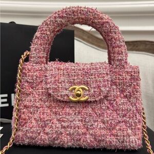 Chanel 24P KELLY Nano Barbie Pink Tweed Top Handle Shopping Bag Handbag Gold